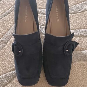 Square toe heeled suede loafer